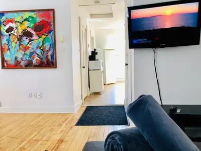 a living room with a couch and a flat screen tv at L'Appartement de la Suite North Hatley in North Hatley
