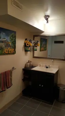 a bathroom with a sink and a mirror at Atelier Galerie Anne Drouin Peinture & Pension in Sainte-Julie