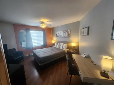 a bedroom with a bed and a table and a desk at Motel Le Victo in Victoriaville
