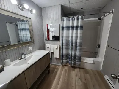 a bathroom with a sink and a tub and a shower at Motel Le Victo in Victoriaville