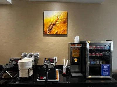 a counter with a coffee machine and a painting on the wall at Comfort Inn in Saint-Georges