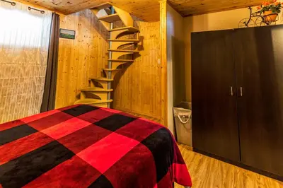 a bedroom with a checkered bed and a spiral staircase at Domaine de La Giroux-ette in La Patrie