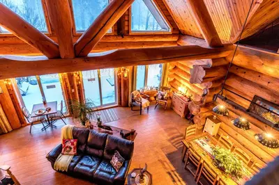 an overhead view of a living room in a cabin at Domaine de La Giroux-ette in La Patrie