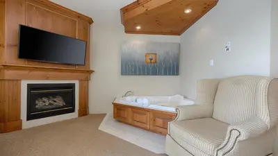 a living room with a fireplace and a television at Auberge Handfield et Spa in Saint-Marc-sur-Richelieu
