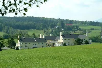 a group of houses on a hill with a green field at Auberge West Brome in West Brome