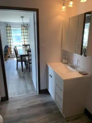 a kitchen with a sink and a dining room with a table at La Grange sur le Lac App A et B in Saint Romain