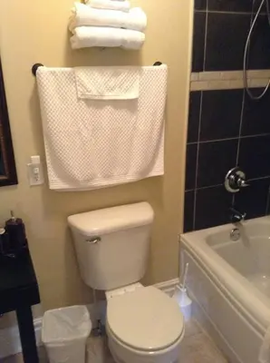 a bathroom with a toilet and a sink and towels at Le 100 St-Laurent in Louiseville