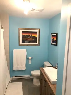a blue bathroom with a toilet and a sink at Luxurious Apartment in Brossard with Terrace in Brossard