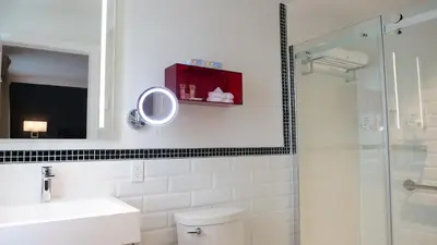 a bathroom with a toilet and a sink and a mirror at Hotel Bonaparte in Montréal