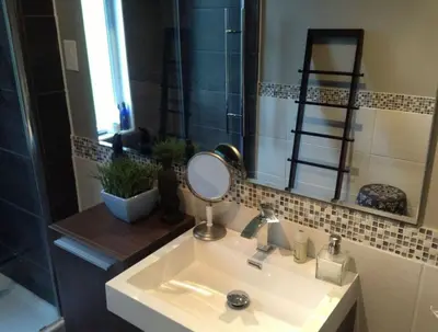 a bathroom with a sink with a mirror and a shower at Maison Parc Delormier in Trois-Rivières