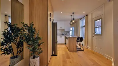 a kitchen with a counter and some plants in a room at Le Duplex VIP in Montréal