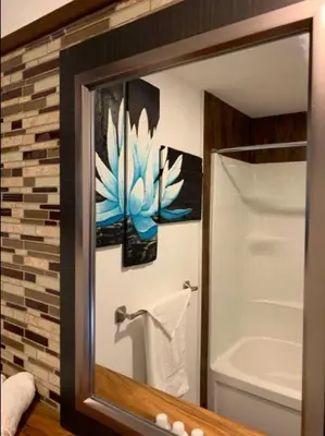 a bathroom mirror with a picture of a blue flower at La Spacieuse Riverstone CITQ3O1849 in Saint Pierre de Broughton