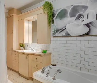 a bathroom with a tub and a sink and a mirror at Condo Entre Ville et Nature 2 in Magog-Orford