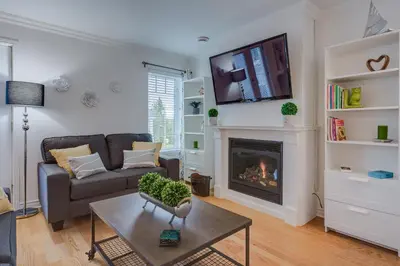a living room with a couch and a fireplace at Condo Entre Ville et Nature 2 in Magog-Orford