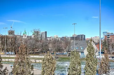 a park with trees and a city in the background at Burgundy Lofts - Marché Atwater in Montréal