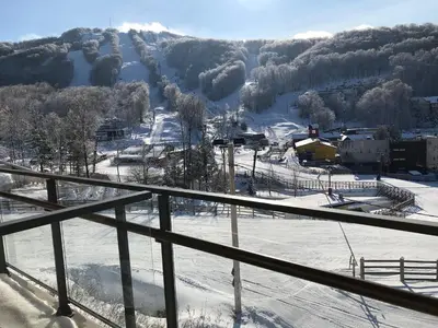 a view of a snow covered valley with trees and buildings at Bromont-Condo sur la montagne in Bromont