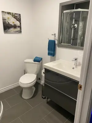 a bathroom with a white toilet and a sink at Dans Les Bras de Memphré in Magog-Orford