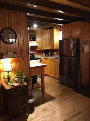 a kitchen with a refrigerator and a table in it at Chalets Garou in St-Ferdinand