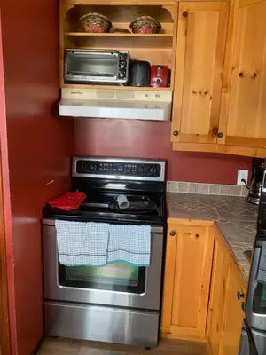 a kitchen with a stove and a microwave at Chalets Garou in St-Ferdinand