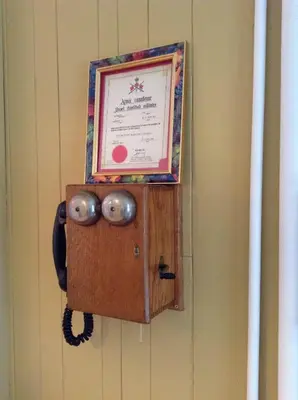 a telephone hanging on a wall with a certificate at Le Gîte des Soeurs in Saint-Luc-de-Vincennes