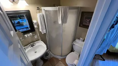 a bathroom with a shower and a toilet and a sink at Gîte du Caméléon in Sherbrooke