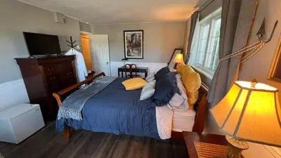 a bedroom with a bed and a television in it at Gîte du Caméléon in Sherbrooke