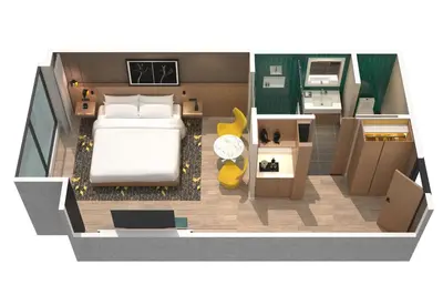 a floor plan of a bedroom with a bed at Humaniti Hotel Montreal, Autograph Collection in Montréal