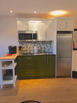 a kitchen with green cabinets and a stainless steel refrigerator at Condo Hôtel Magog Orford in Orford