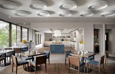 a rendering of a restaurant with tables and chairs at Hyatt Place Montreal - Downtown in Montréal
