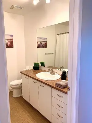 a bathroom with a sink and a toilet and a mirror at Le Paréo de Magog-Mont Orford in Magog-Orford