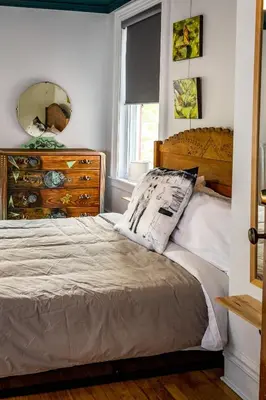 a bedroom with a bed with a mirror and a dresser at Au Loup, maison élégante in Waterloo
