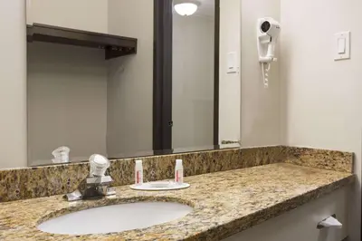 a bathroom with a sink and a large mirror at Days Inn by Wyndham Montreal Airport Conference Centre in Dorval