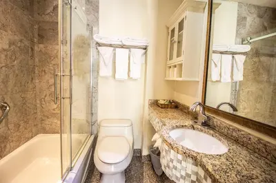 a bathroom with a toilet and a sink and a shower at Parc Suites Hotel in Montréal