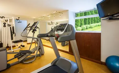 a gym with two tread machines and a flat screen tv at Chateau Versailles in Montréal