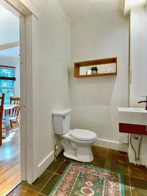 a bathroom with a toilet and a sink and a rug at Family Winter Home in the Eastern Townships in Ayer's Cliff