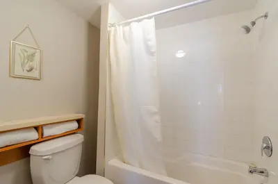 a white bathroom with a toilet and a shower at Hotel Dorion in Montréal