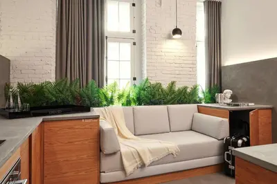 a white couch in a kitchen with plants at David Hotel in Montréal