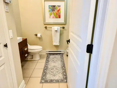 a bathroom with a toilet and a rug on the floor at Le 201 Champlain Bromont in Bromont