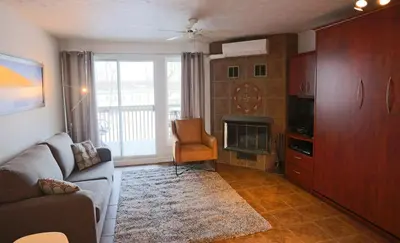 a living room with a couch and a fireplace at Magog Waterfront Condo in Magog-Orford