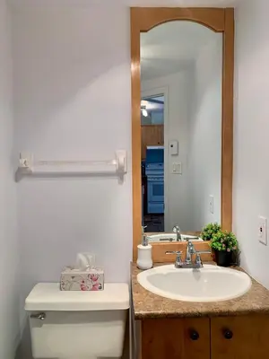 a bathroom with a sink and a toilet and a mirror at Condo Club Azur Plage Memphremagog in Magog-Orford