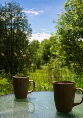 two coffee cups sitting on top of a table at Condo Hotel Au pied du Mont Orford in Orford