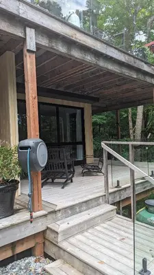 a porch of a house with a camera on it at loft in the mountains, near Bromont in Shefford