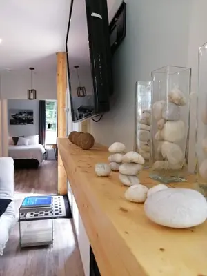 a kitchen with a counter with rocks on it at loft in the mountains, near Bromont in Shefford