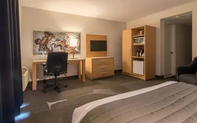 a bedroom with a bed and a desk with a computer at Hotel de la Rive in Sorel
