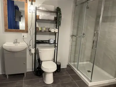 a bathroom with a shower and a toilet and a sink at Grand Central Hotel Richmond in Richmond