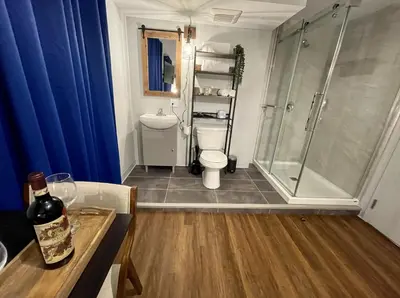 a bathroom with a shower and a toilet and a sink at Grand Central Hotel Richmond in Richmond