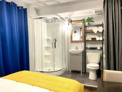 a bathroom with a shower and a toilet and a sink at Grand Central Hotel Richmond in Richmond