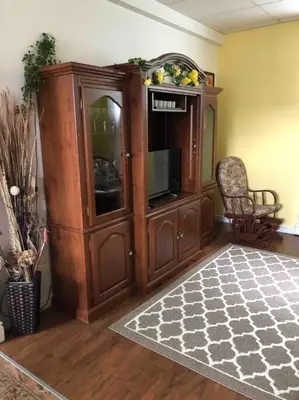 a living room with a tv and a entertainment center at Spacieux 4,5 Parfait pour des Vacances Confortables ! in Lac-Mégantic