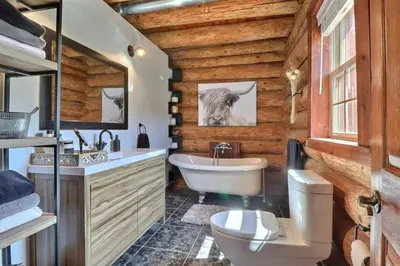 a bathroom with a toilet and a sink and a tub at Chalet en bois rond in Saint-Herménégilde