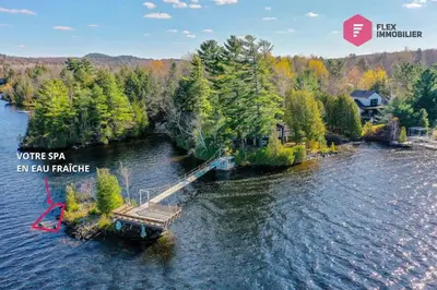 an island in the middle of a river with a dock at Aux Berges du Pont Suspendu / Grand Lac Brompton in Saint Denis de Brompton